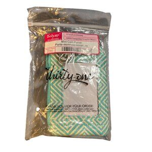 Thirty-One Mini Coin Purse Turquoise Graphic Weave Fabric Compact Wallet With Ke